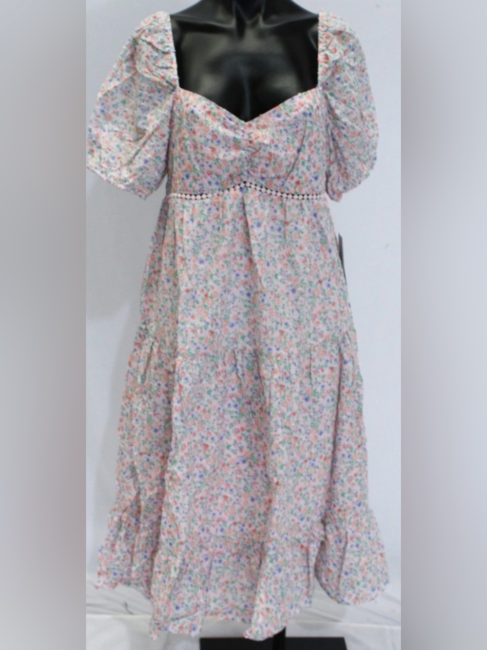 Kingston Grey Pink Floral Midi Dress with Puff Sleeves. Sz L. NWT - Picture 1 of 12